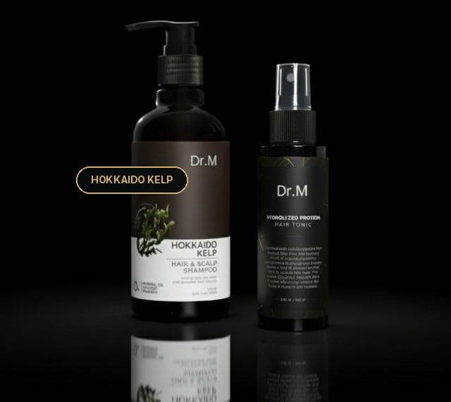 Dr. M Hokkaido Kelp Shampoo and Dr. M Hydrolyzed Protein Hair Tonic bottles